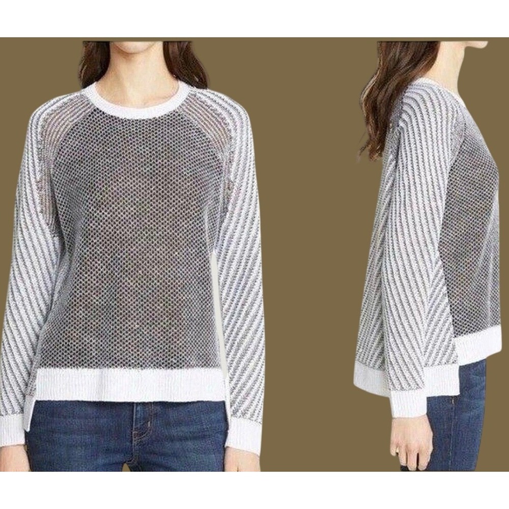 Eileen Fisher Linen Silk Blend Mixed Stitch Sweater M Black White Minimalist